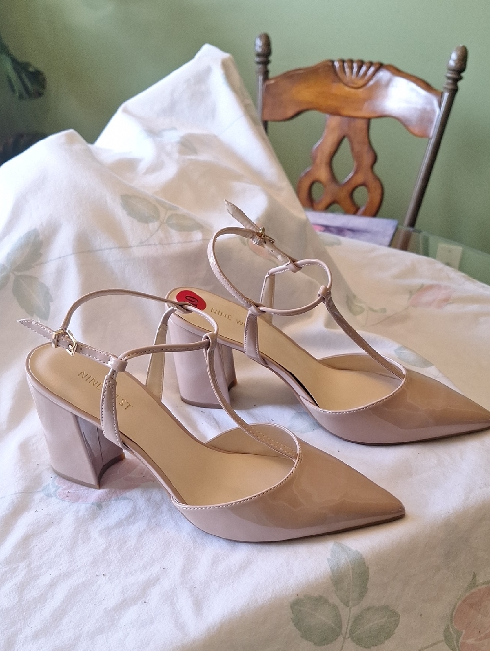 Nine West Nude Patent T-Strap Block Heel Pumps